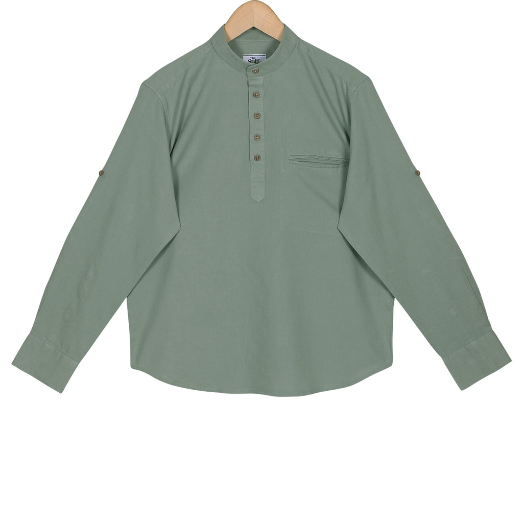 Jade Green Cotton Linen Rolled-up Sleeve Slim Short Kurta