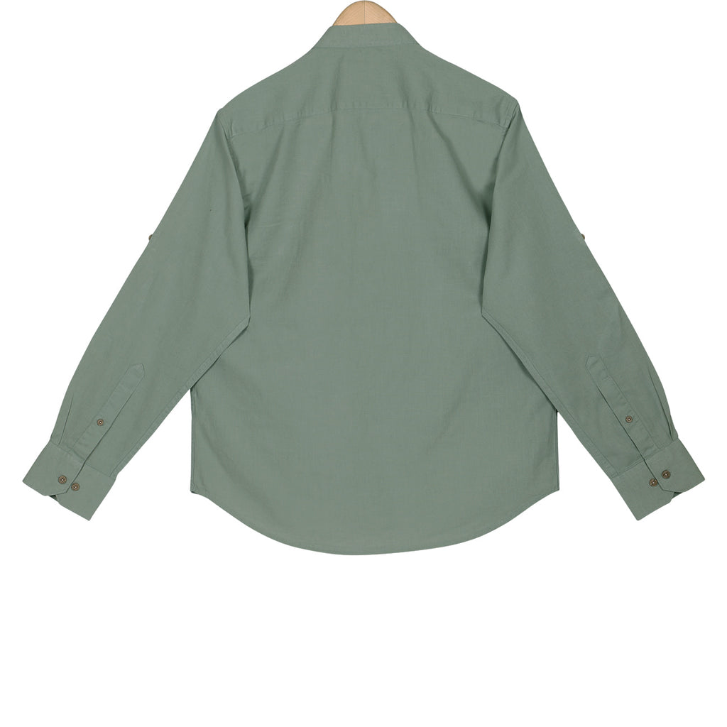 Jade Green Cotton Linen Rolled-up Sleeve Slim Short Kurta