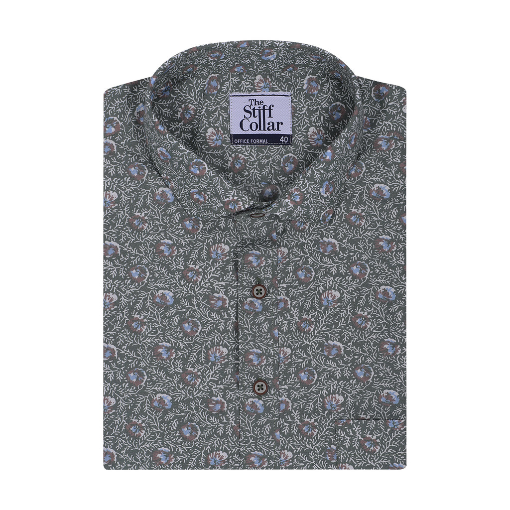 Highland Green Poplin Floral Print Half Sleeves Shirt