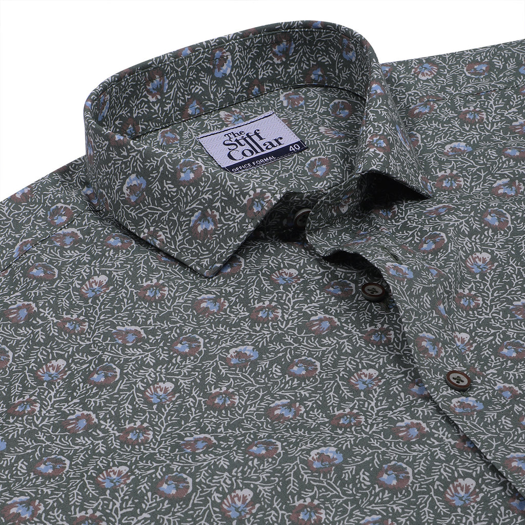 Highland Green Poplin Floral Print Half Sleeves Shirt