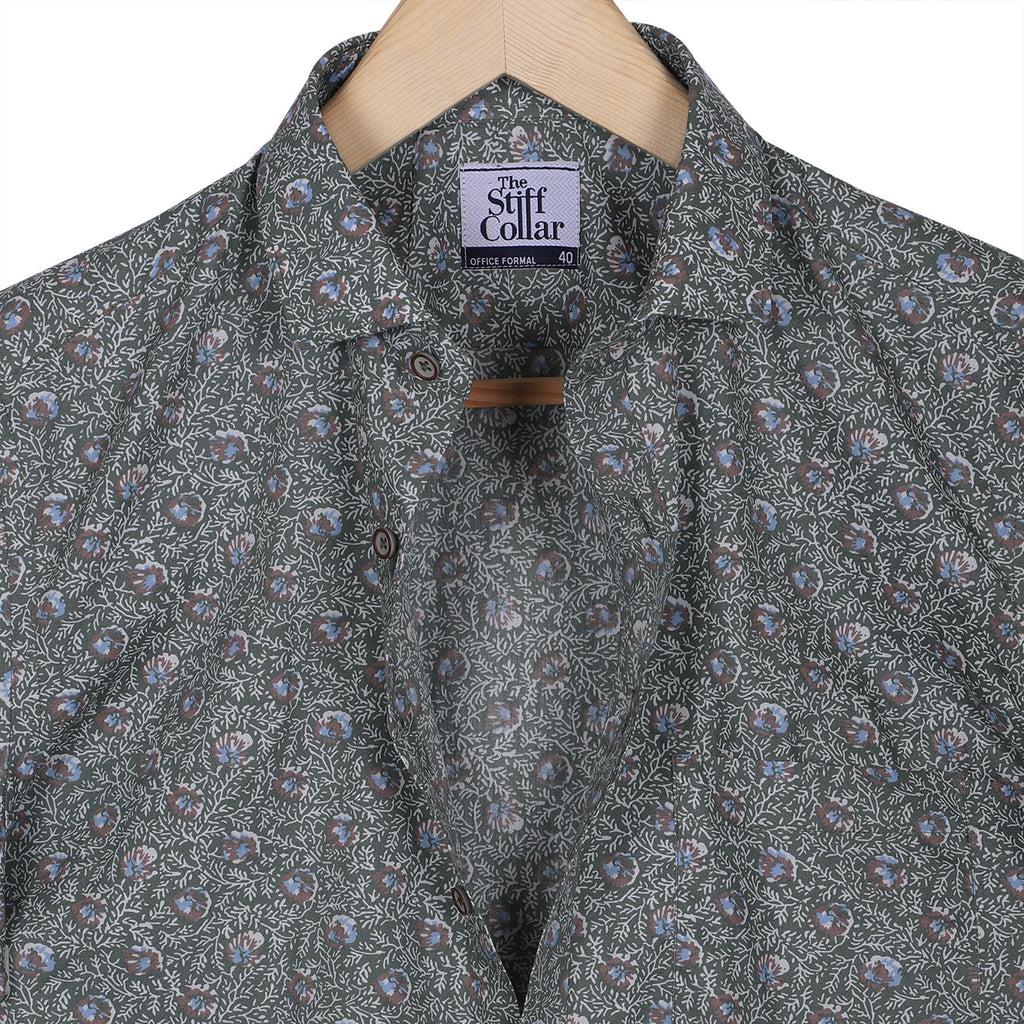 Highland Green Poplin Floral Print Half Sleeves Shirt
