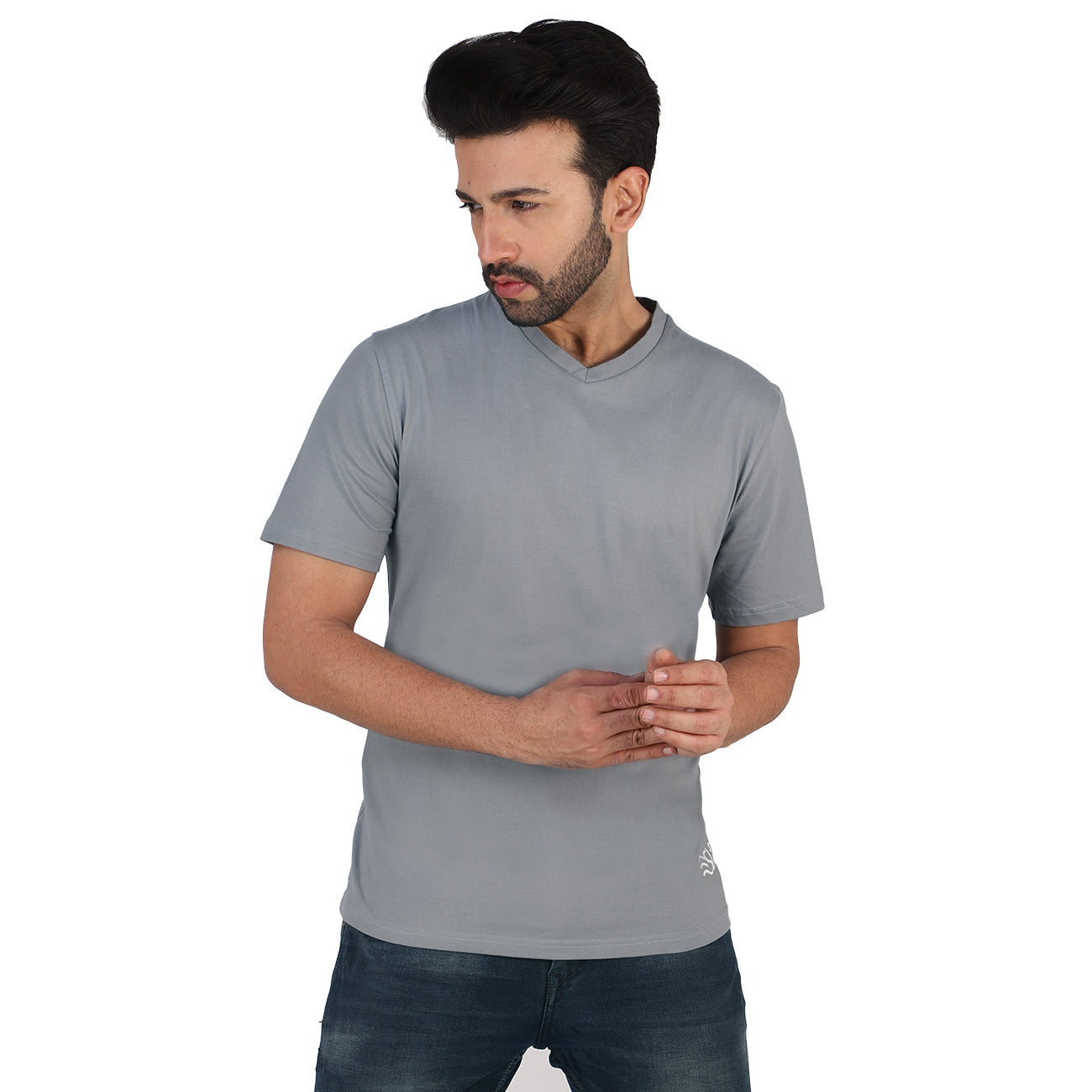 Soft Enzyme Washed Stone Grey V-Neck Cotton T-shirt