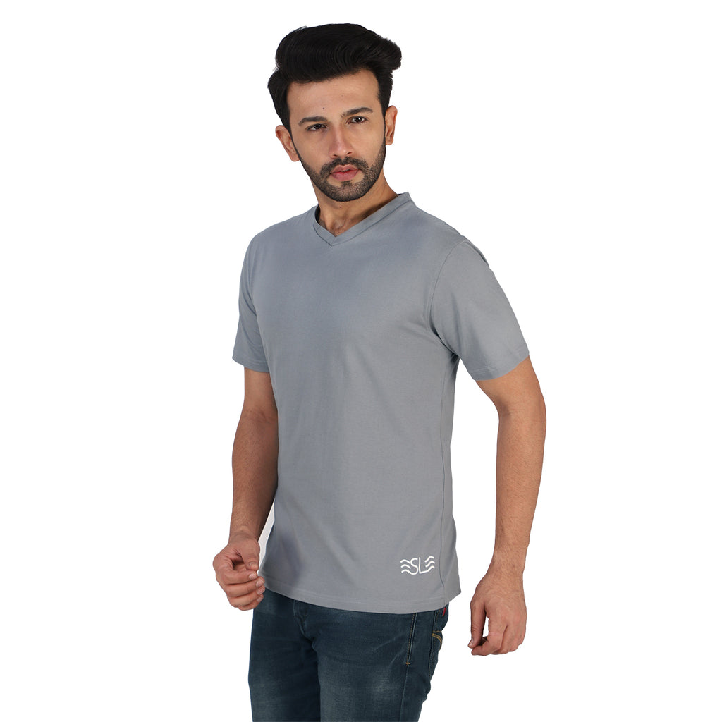 Soft Enzyme Washed Stone Grey V-Neck Cotton T-shirt