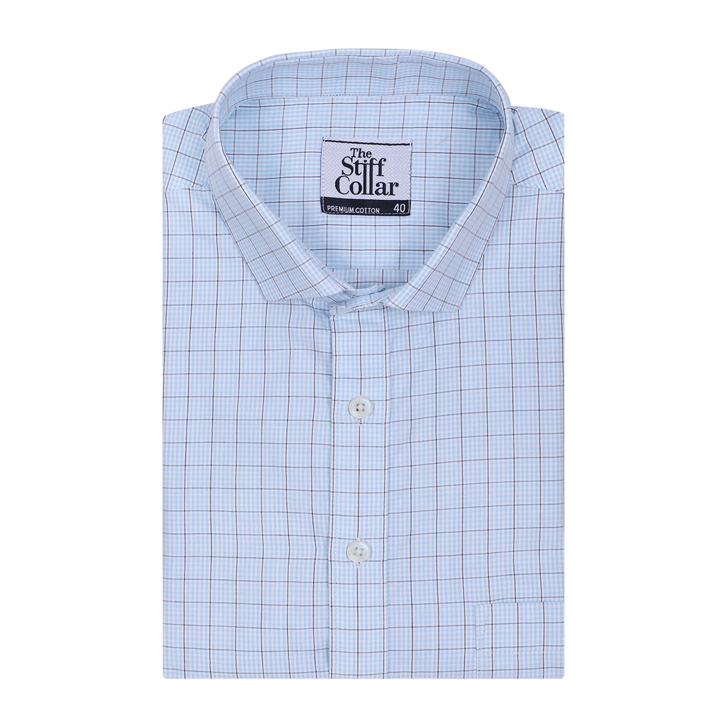 Ice Blue Graph Check Half Sleeve Cotton Shirt