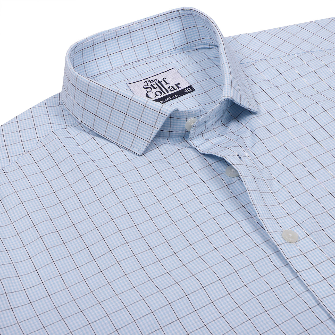 Ice Blue Graph Check Half Sleeve Cotton Shirt