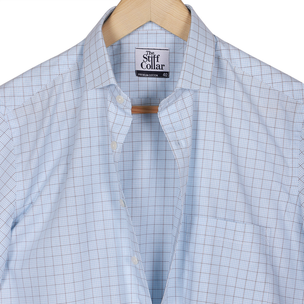 Ice Blue Graph Check Half Sleeve Cotton Shirt
