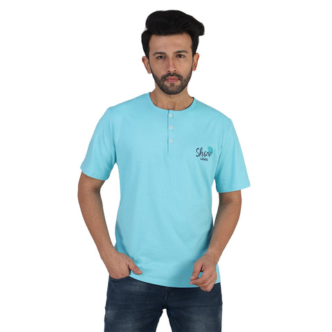 Soft Enzyme Washed Azure Blue Round Neck Cotton T-shirt