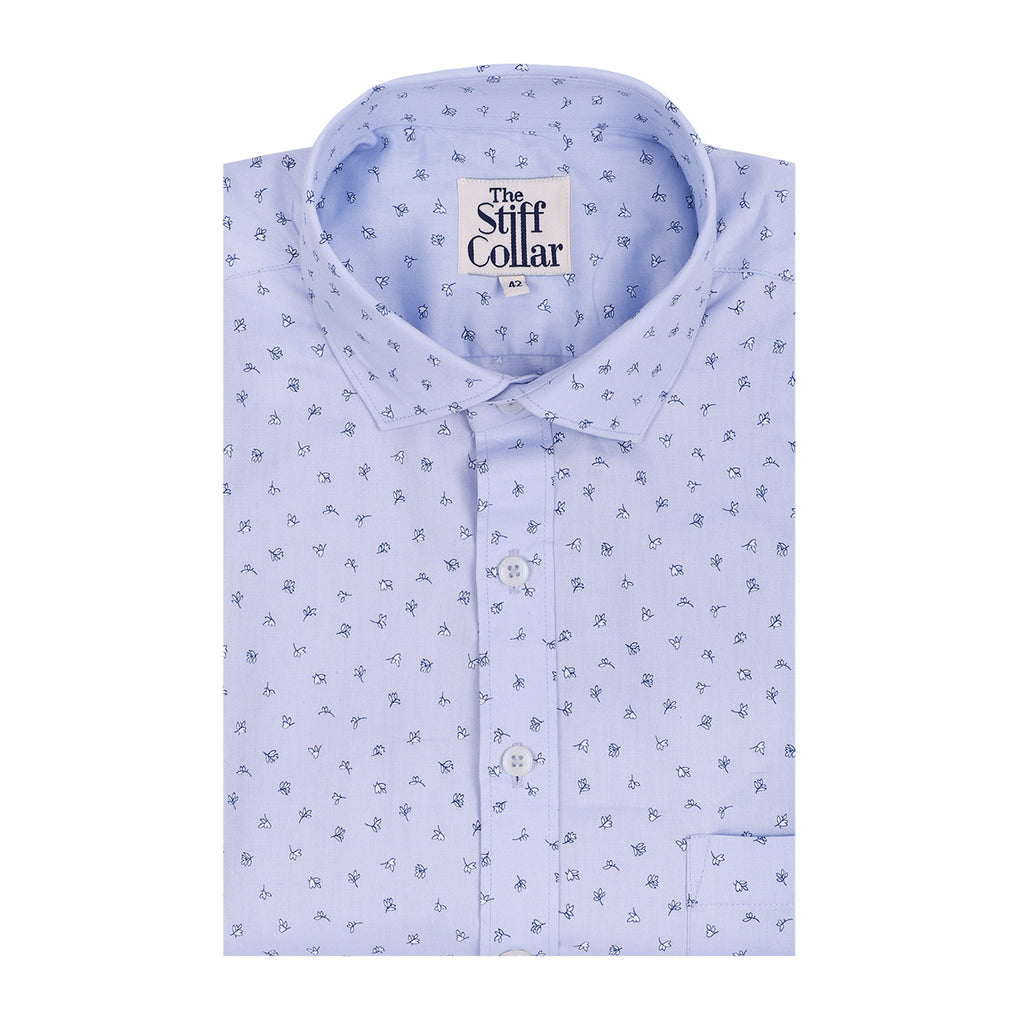 Sky Blue Twill Floral Print Half Sleeves Shirt