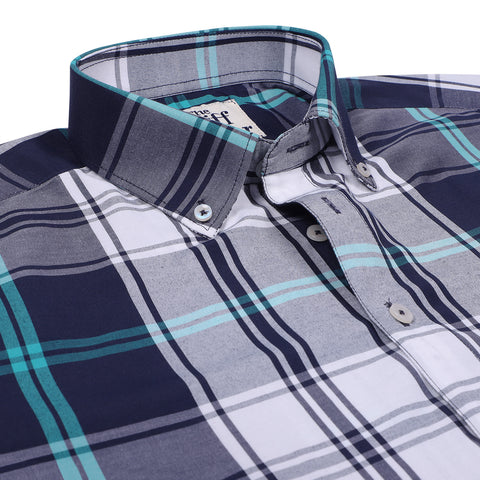 Space Navy Tartan Checks Half Sleeves Giza Cotton Shirt