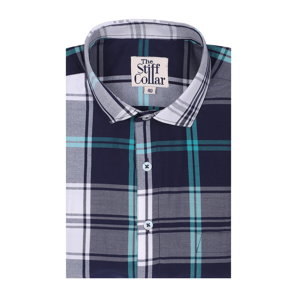 Navy White Big Checks Half Sleeve Cotton Shirt