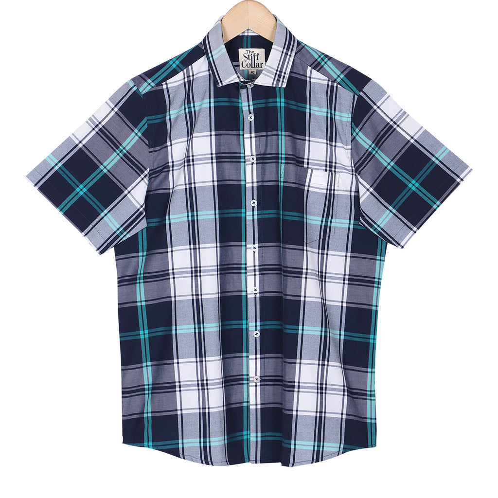 Navy White Big Checks Half Sleeve Cotton Shirt