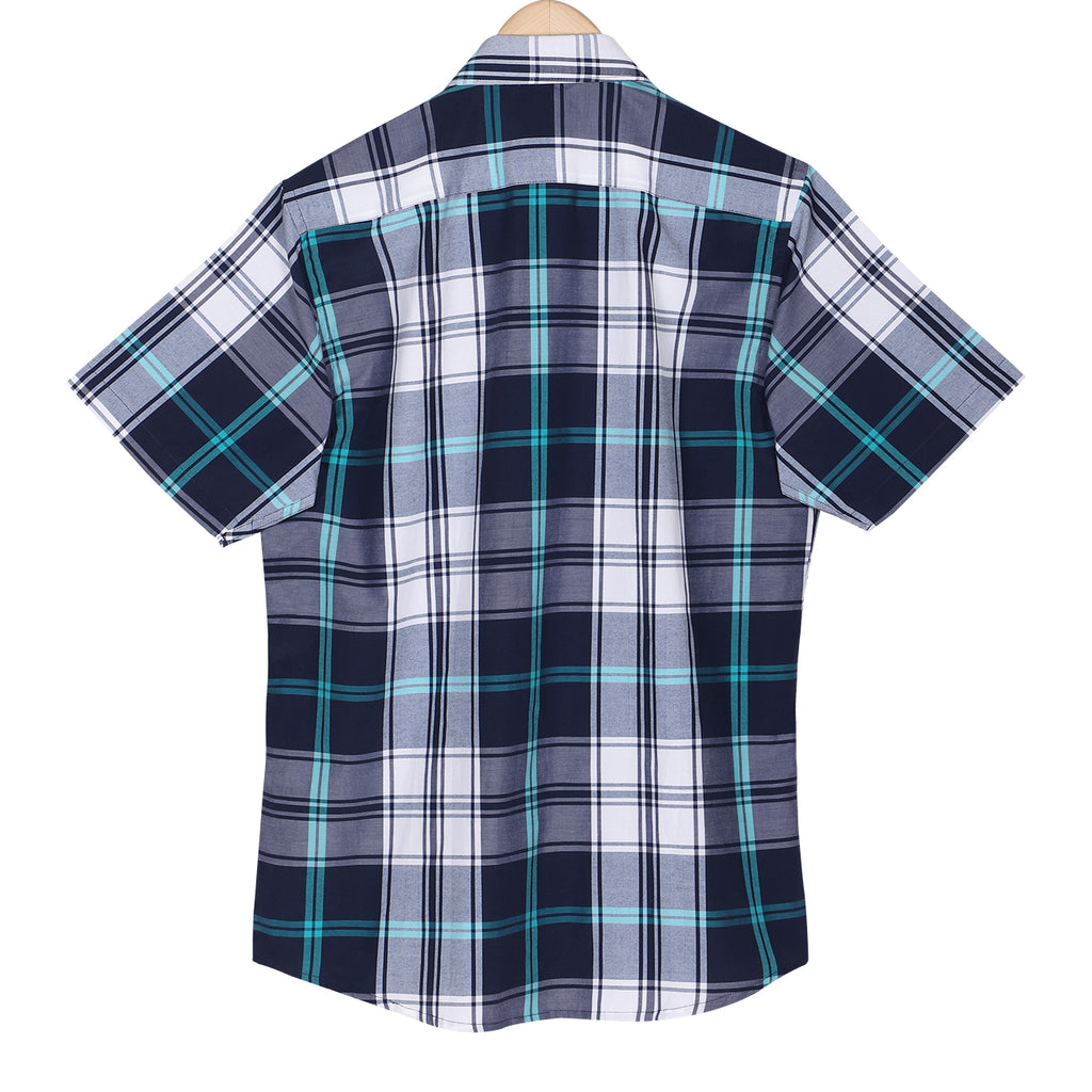 Navy White Big Checks Half Sleeve Cotton Shirt