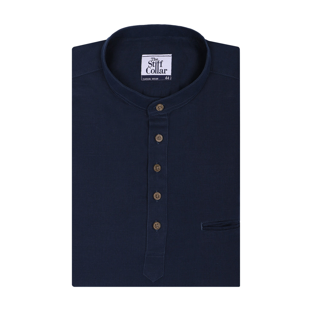 Night Navy Cotton Linen Rolled-up Sleeve Slim Short Kurta