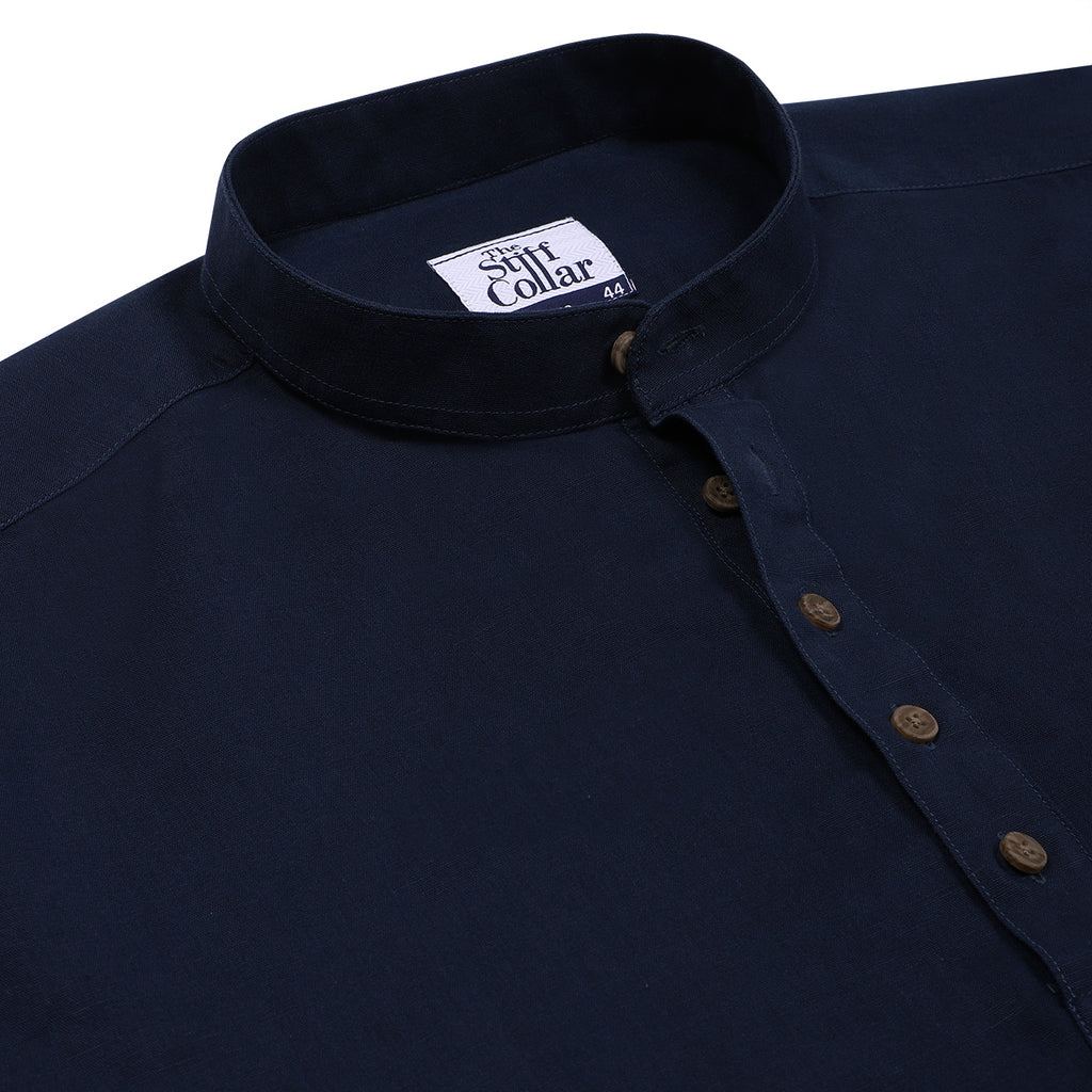 Night Navy Cotton Linen Rolled-up Sleeve Slim Short Kurta