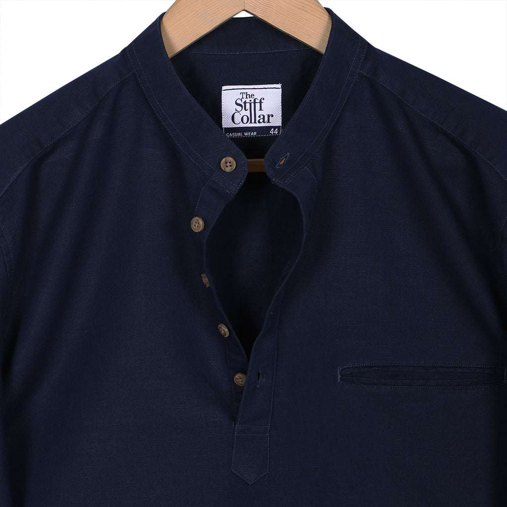Night Navy Cotton Linen Rolled-up Sleeve Slim Short Kurta