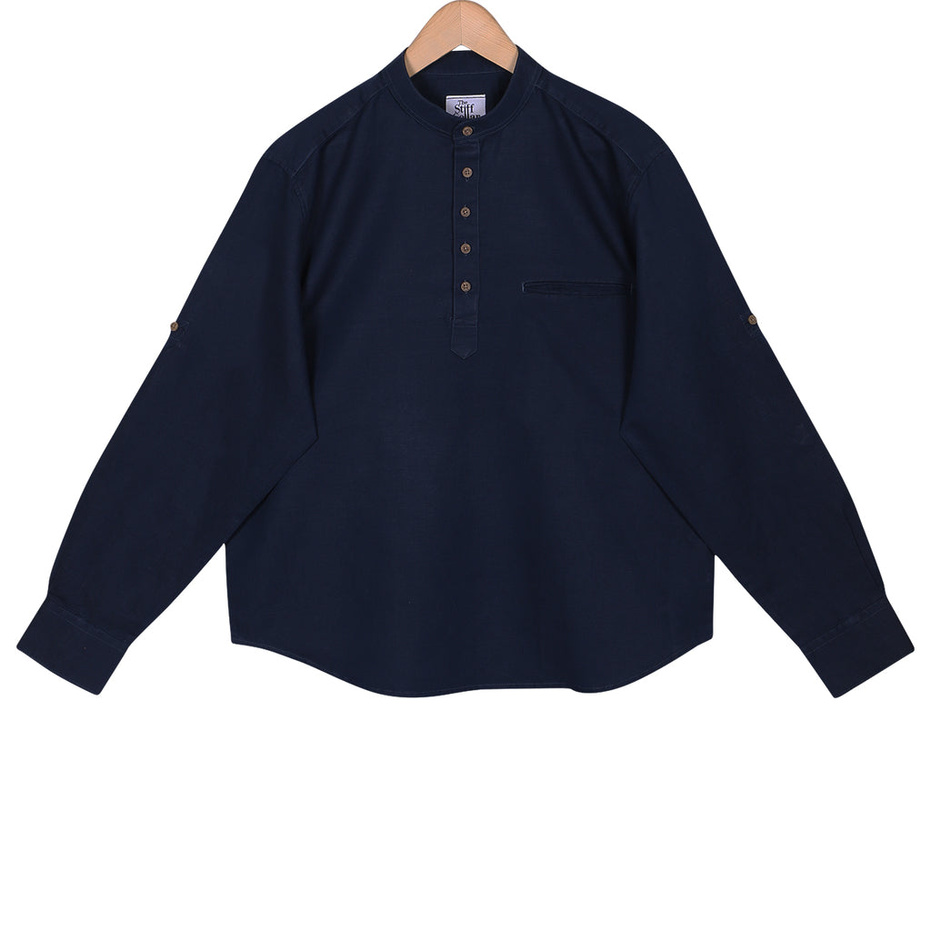 Night Navy Cotton Linen Rolled-up Sleeve Slim Short Kurta
