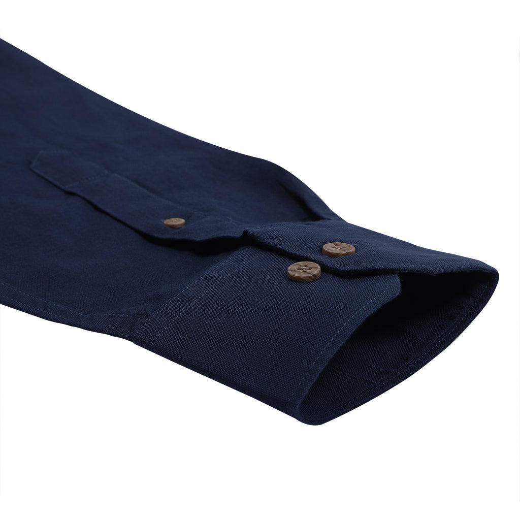 Night Navy Cotton Linen Rolled-up Sleeve Slim Short Kurta