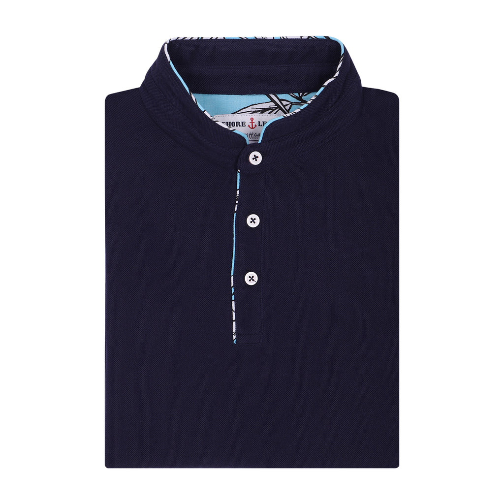 Navy Mandarin Collar Cotton T-shirt