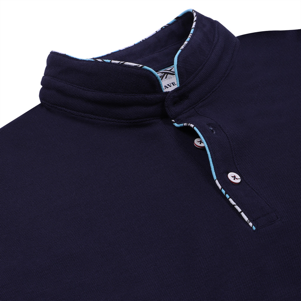 Navy Mandarin Collar Cotton T-shirt
