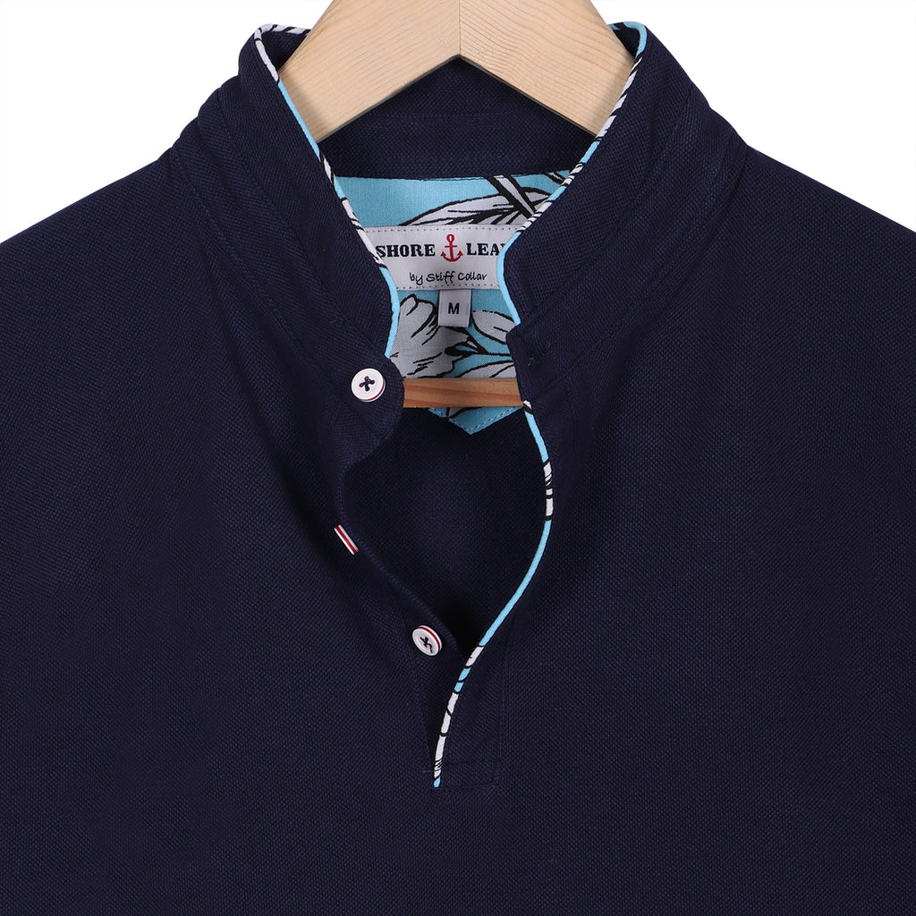 Navy Mandarin Collar Cotton T-shirt