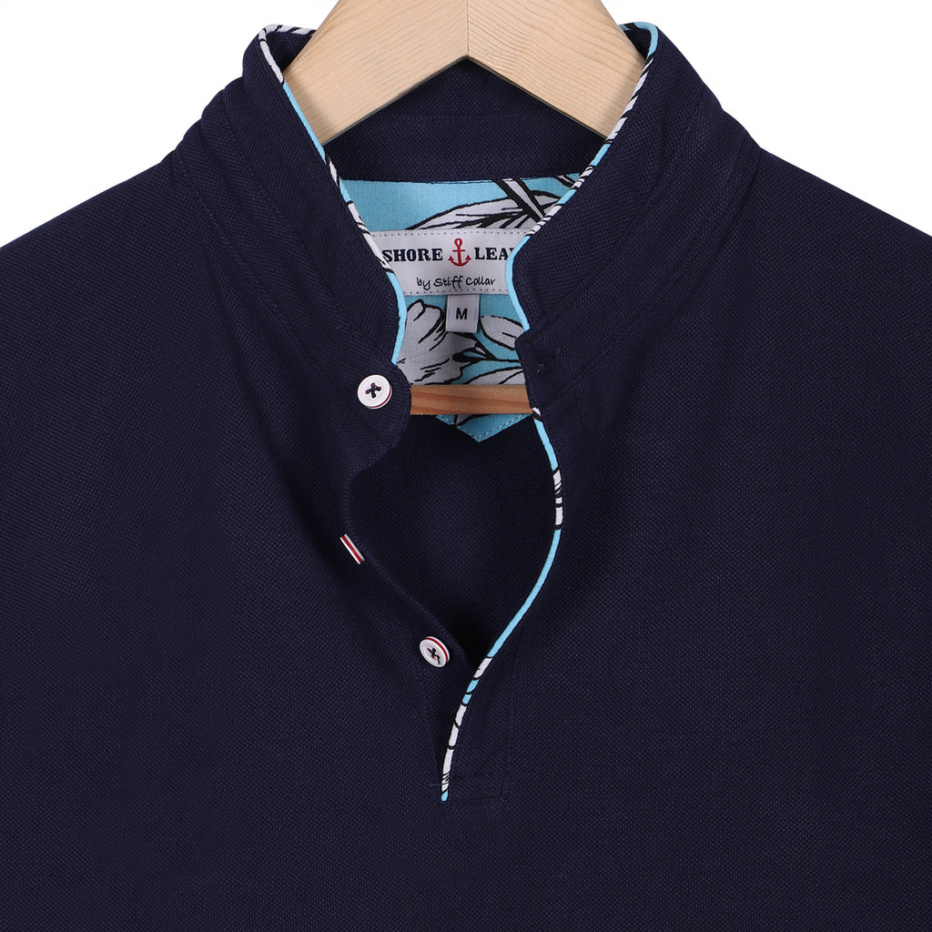 Navy Mandarin Collar Cotton T-shirt
