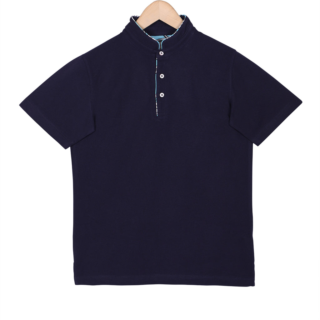 Navy Mandarin Collar Cotton T-shirt