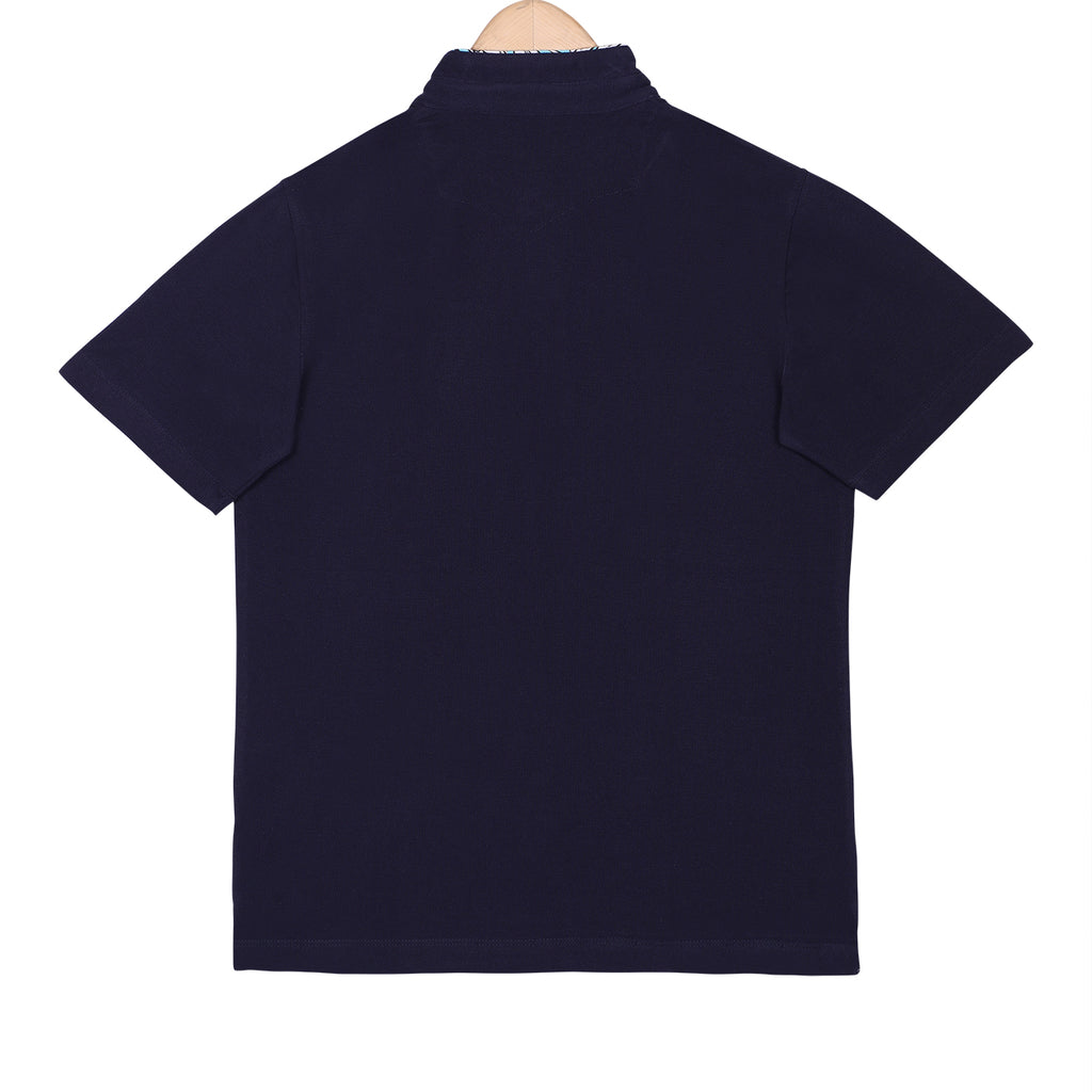 Navy Mandarin Collar Cotton T-shirt