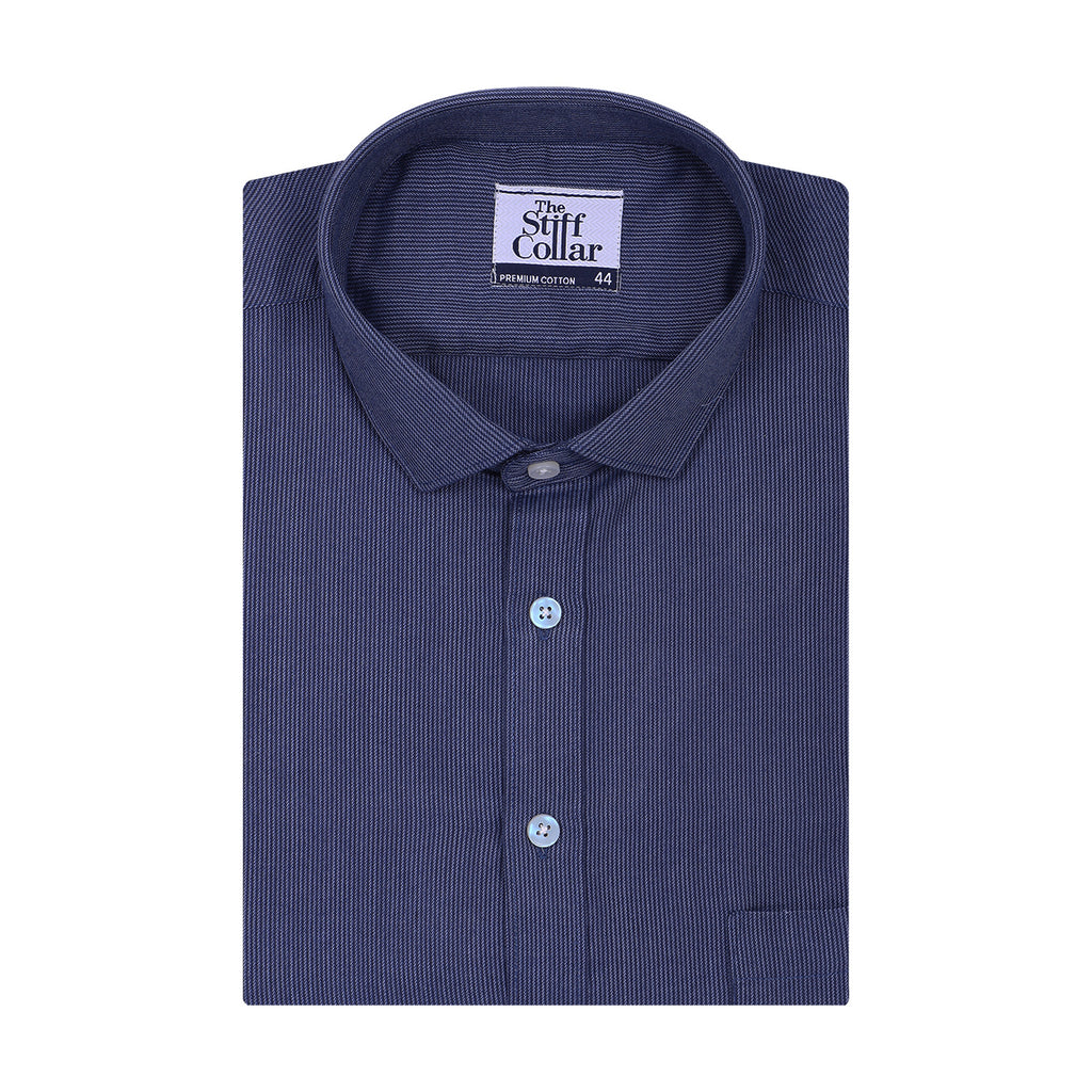 Luthai Shadow Navy Stripes Half Sleeve 2 Ply Giza Cotton Shirt