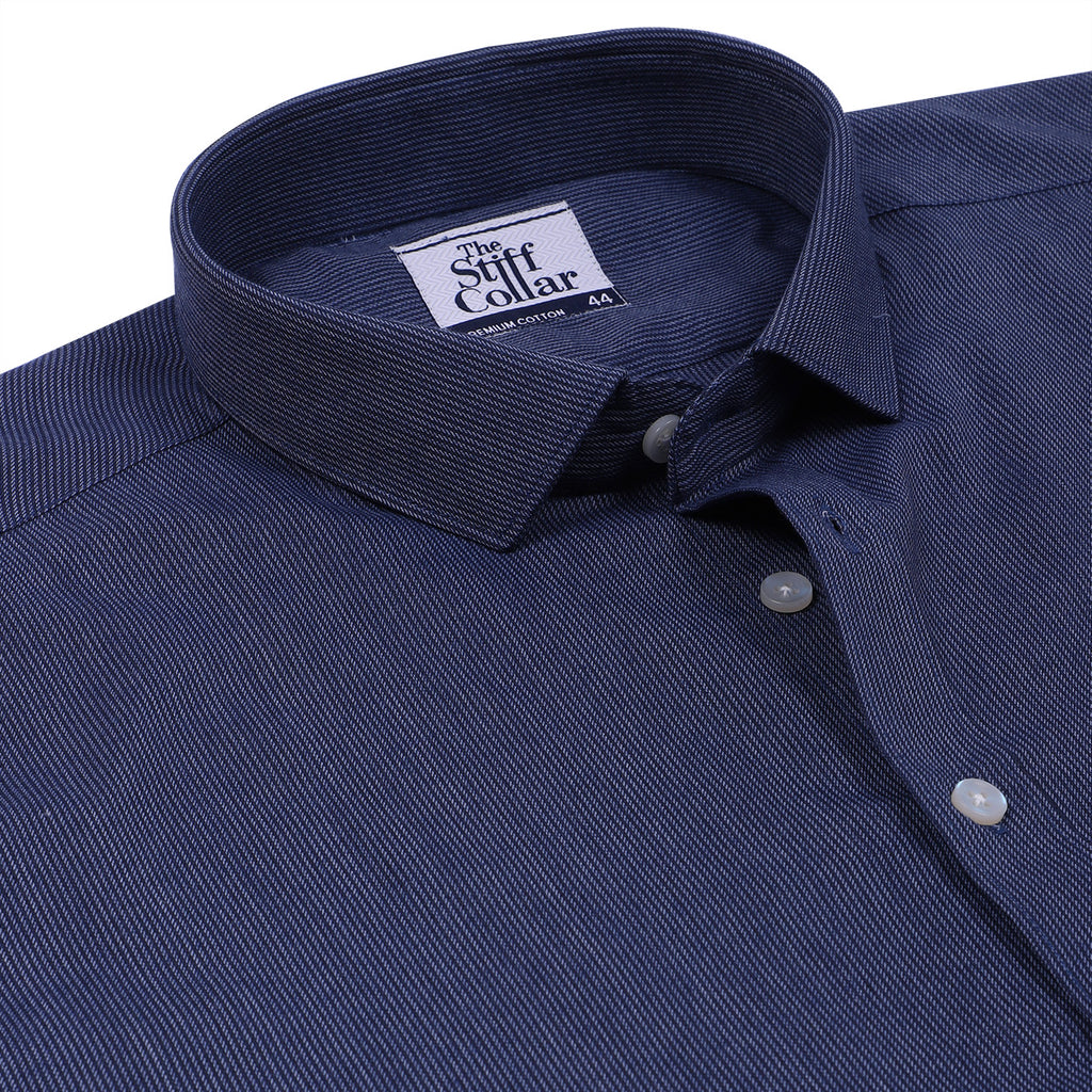 Luthai Shadow Navy Stripes Half Sleeve 2 Ply Giza Cotton Shirt