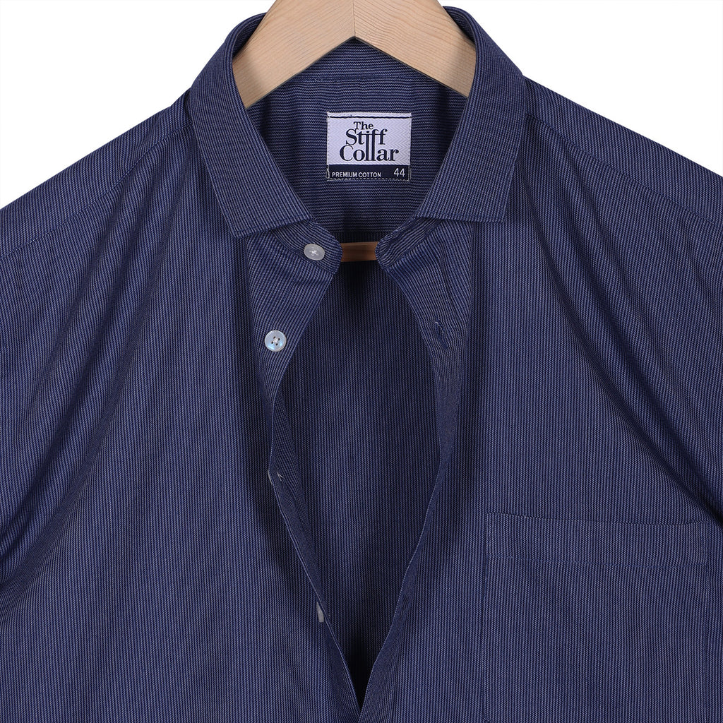 Luthai Shadow Navy Stripes Half Sleeve 2 Ply Giza Cotton Shirt