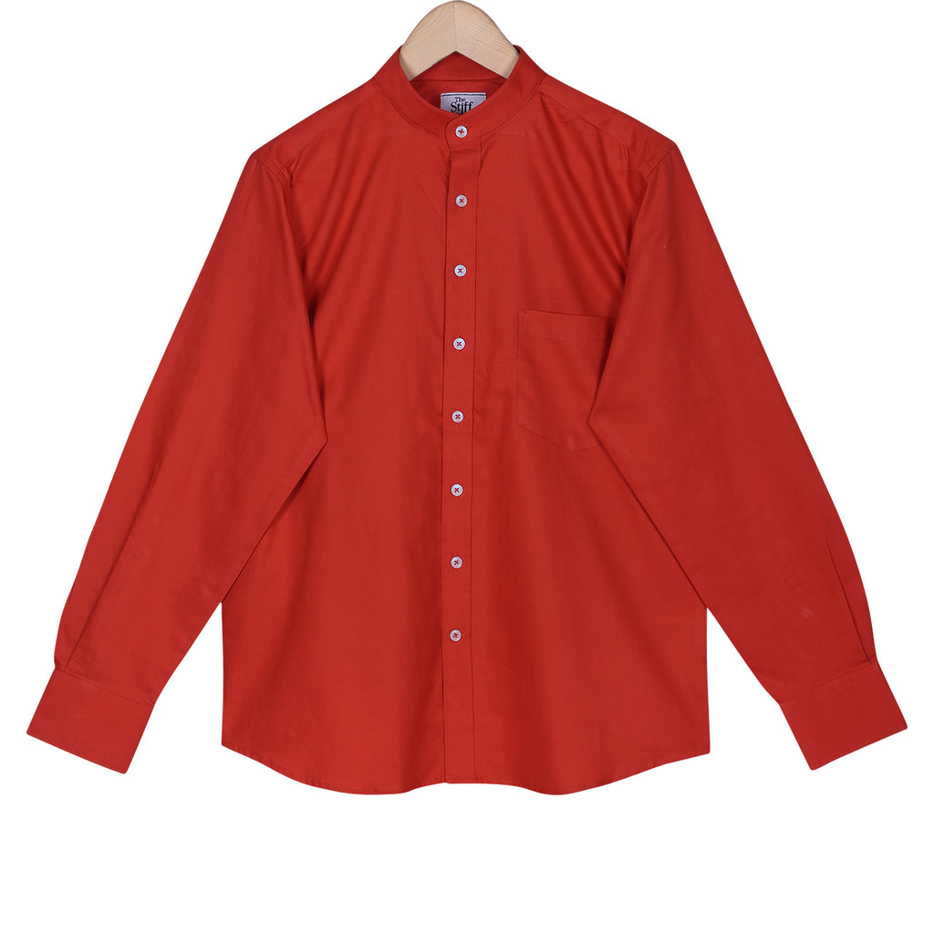 Fire Orange Oxford Mandarin Collar Cotton Shirt