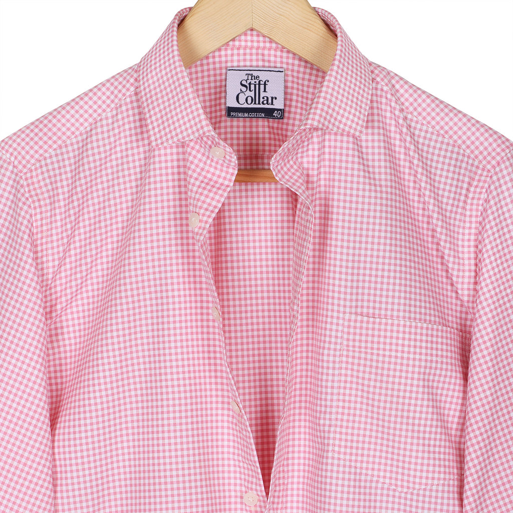 Flamingo Pink Gingham Half Sleeve Cotton Shirt
