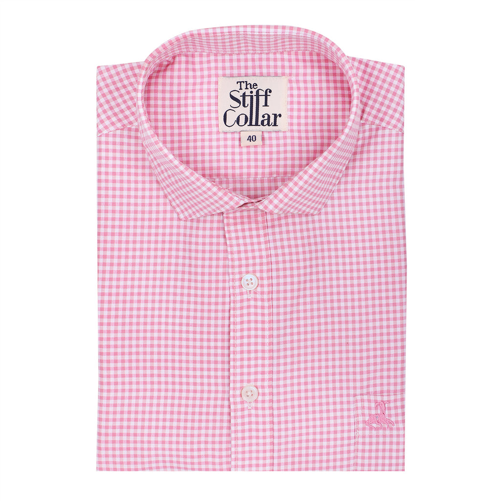 Salmon Pink Gingham Checks Fit Non-Iron Half Sleeve Shirt