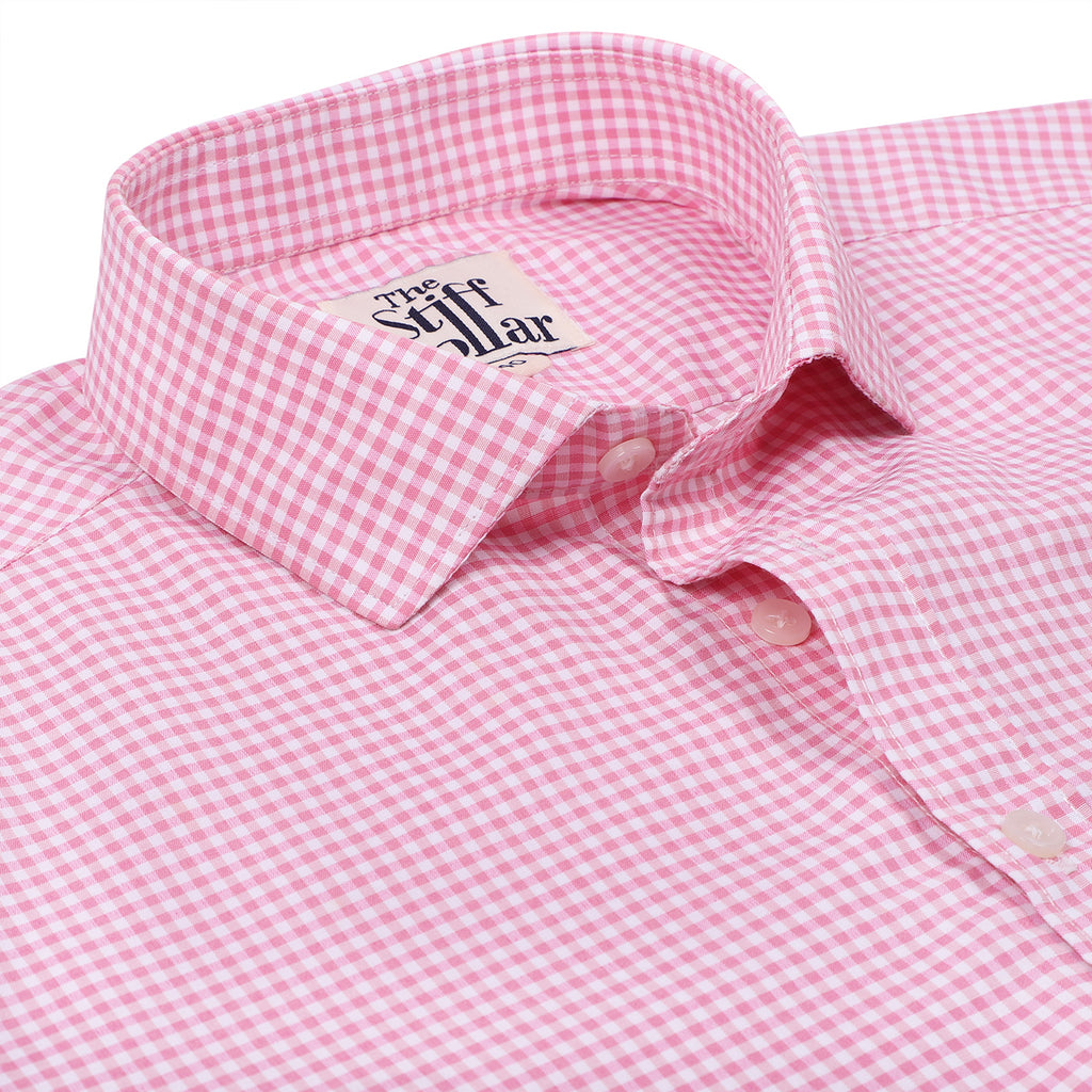 Salmon Pink Gingham Checks Fit Non-Iron Half Sleeve Shirt