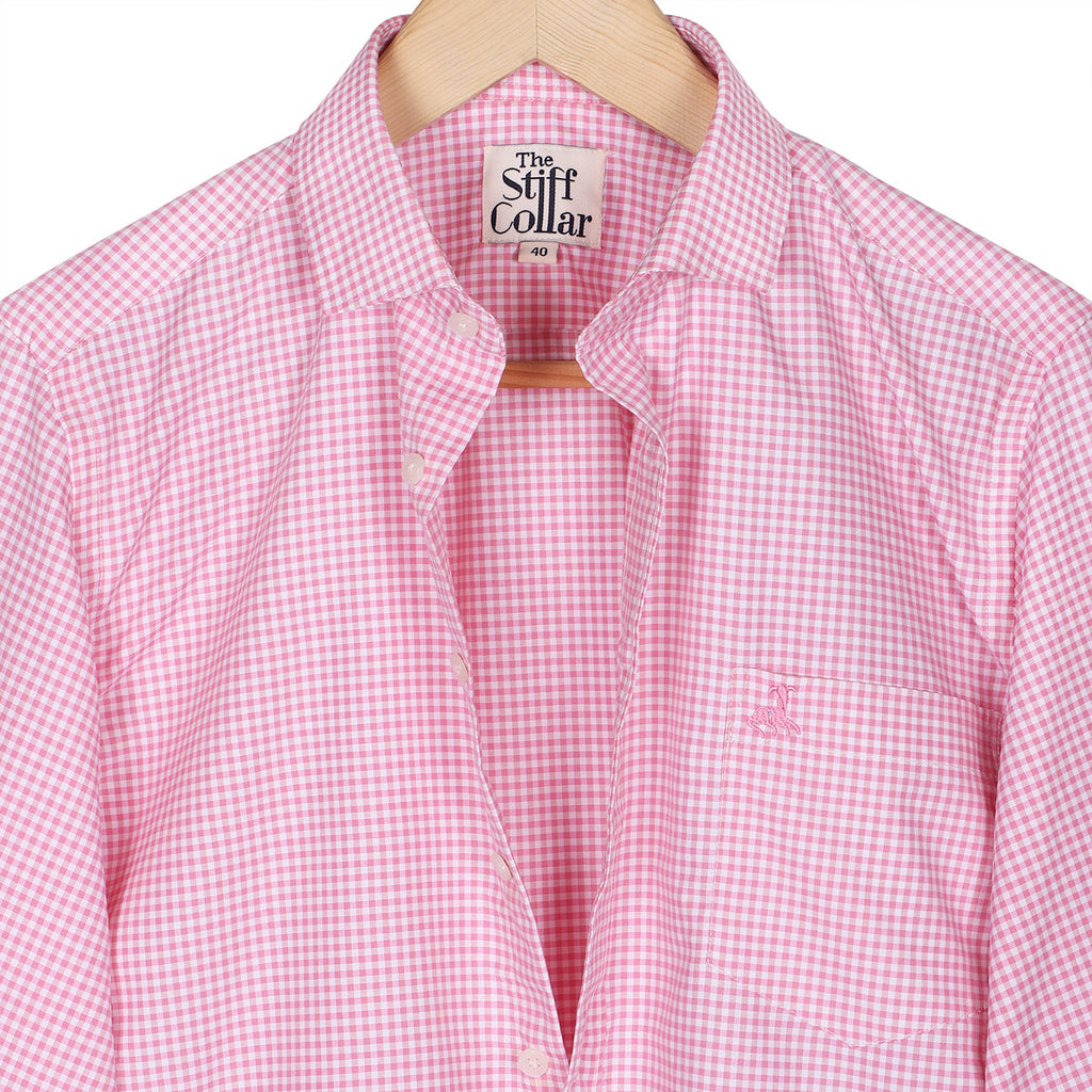 Salmon Pink Gingham Checks Fit Non-Iron Half Sleeve Shirt