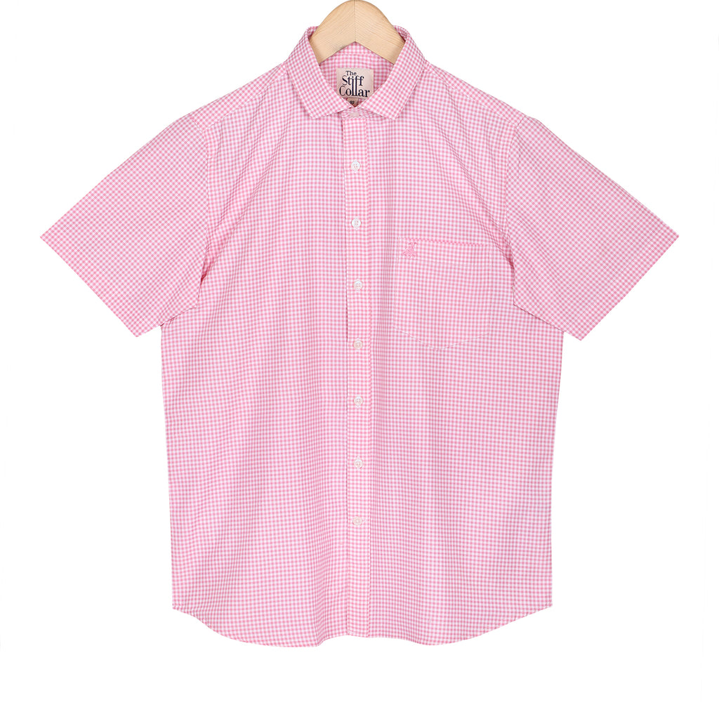 Salmon Pink Gingham Checks Fit Non-Iron Half Sleeve Shirt