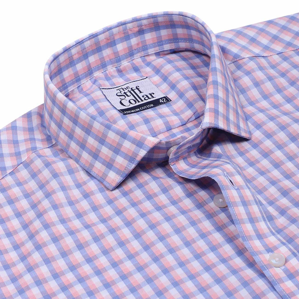 Luthai Wisteria Pink Checks Half Sleeve 2 Ply Giza Cotton Shirt