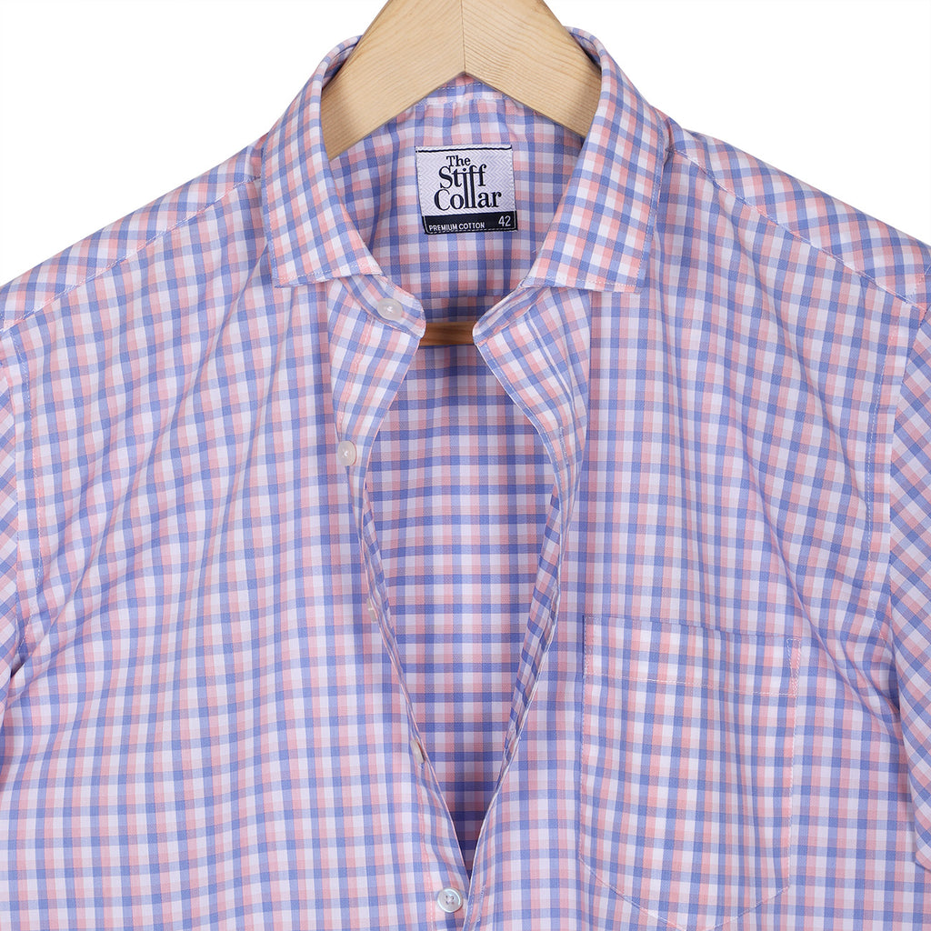 Luthai Wisteria Pink Checks Half Sleeve 2 Ply Giza Cotton Shirt