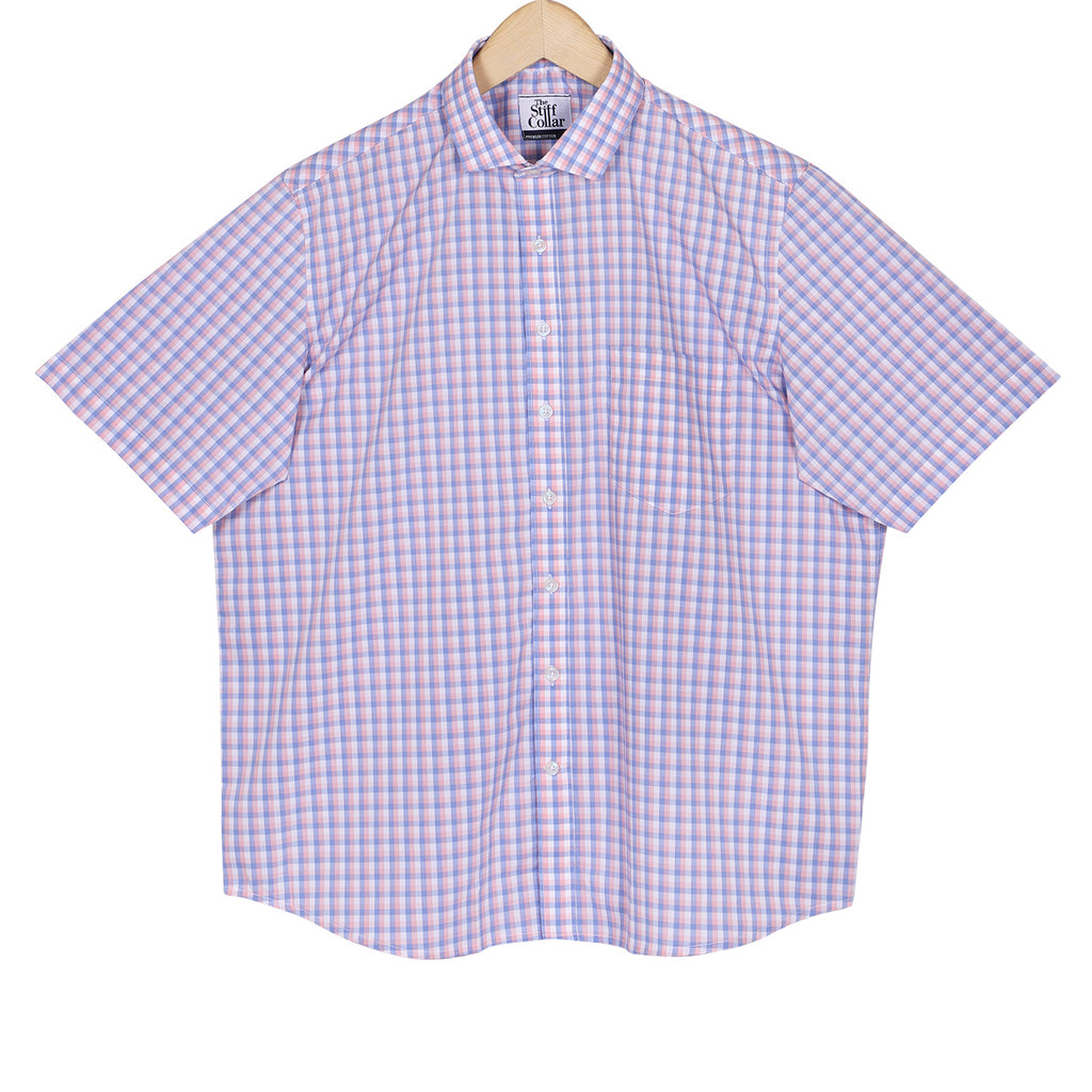 Luthai Wisteria Pink Checks Half Sleeve 2 Ply Giza Cotton Shirt