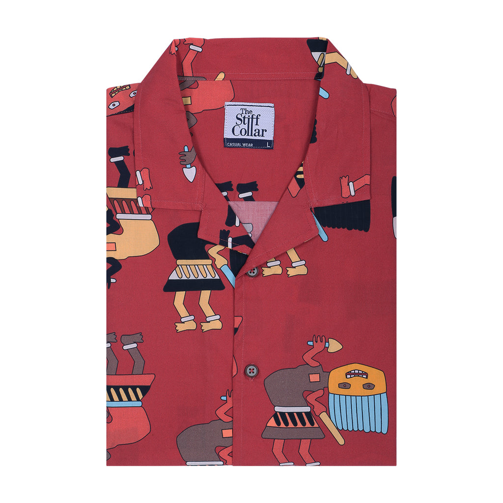 Red Tribal Celebration Print Cuban Collar Half Sleeve Shirt