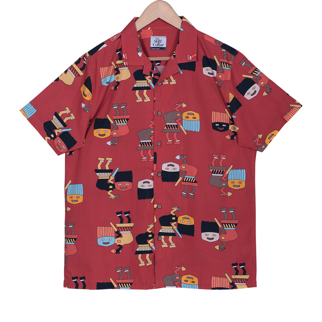 Red Tribal Celebration Print Cuban Collar Half Sleeve Shirt
