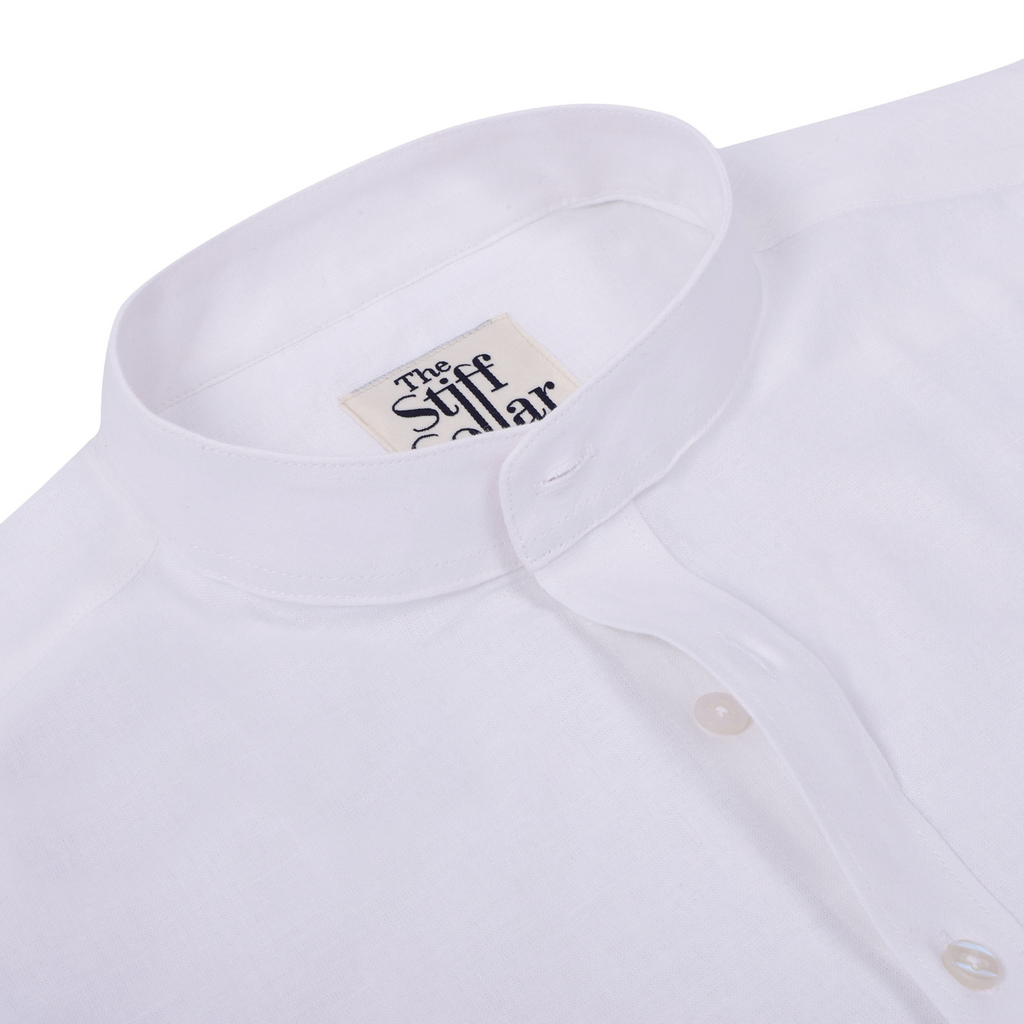 Natural White Cotton Linen Mandarin Collar Shirt