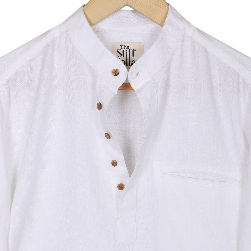 Frost White Linen Roll up Sleeve Short Kurta Thestiffcollar