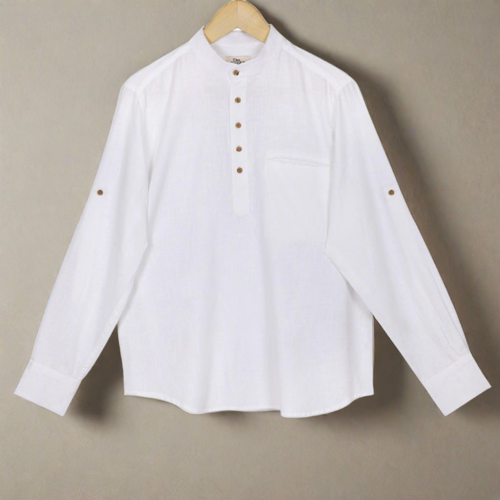 Frost White Cotton Linen Rolled-up Sleeve Short Kurta