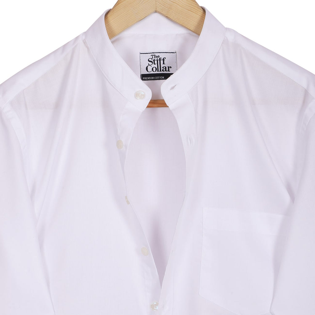 White Herringbone Mandarin Collar 2 Ply Giza Cotton Shirt