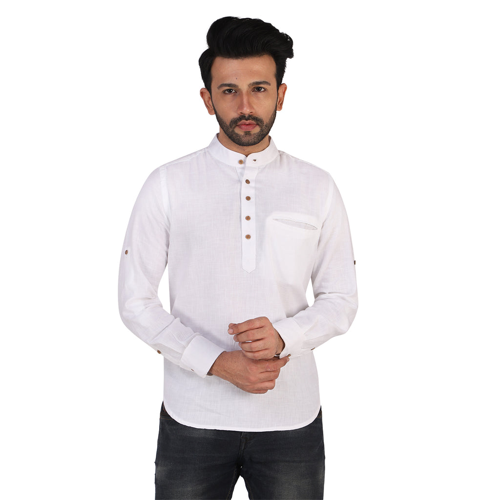 Frost White Cotton Linen Rolled-up Sleeve Short Kurta