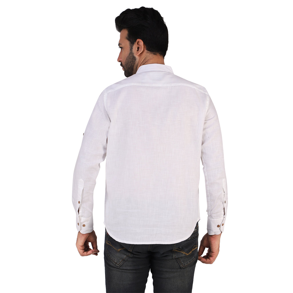 Frost White Cotton Linen Rolled-up Sleeve Short Kurta