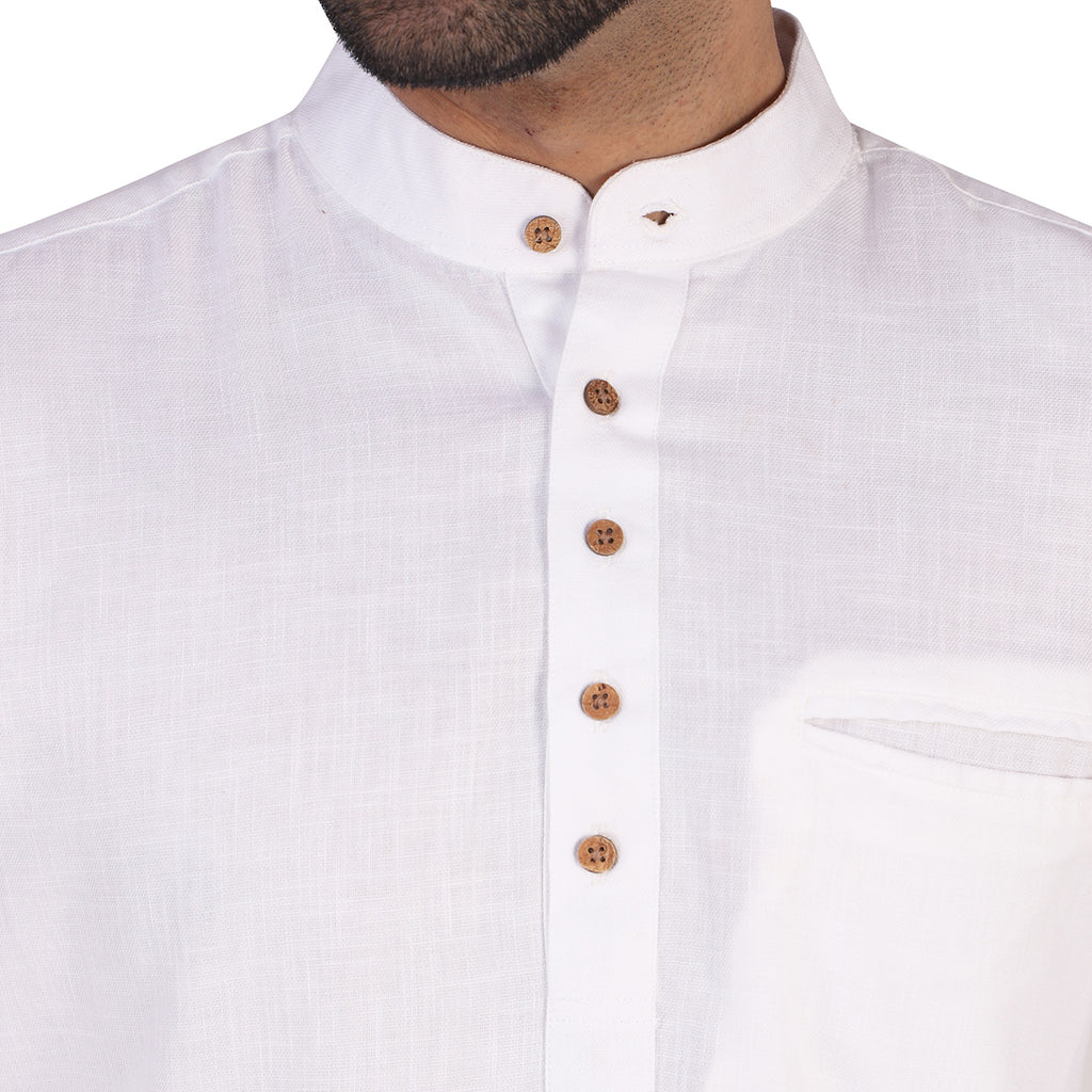 Frost White Cotton Linen Rolled-up Sleeve Short Kurta