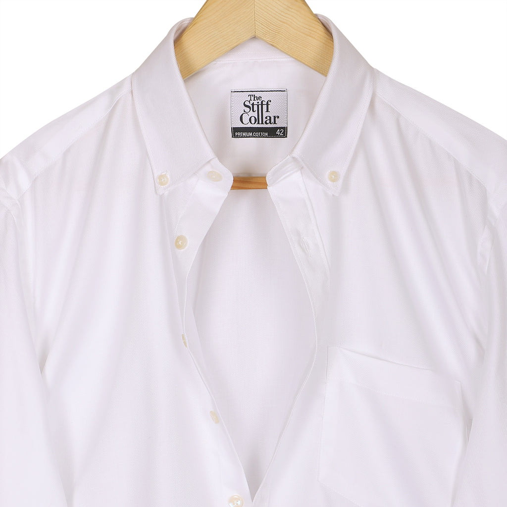 Luthai Pebble White Twill Button Down 2 Ply Giza Cotton Shirt