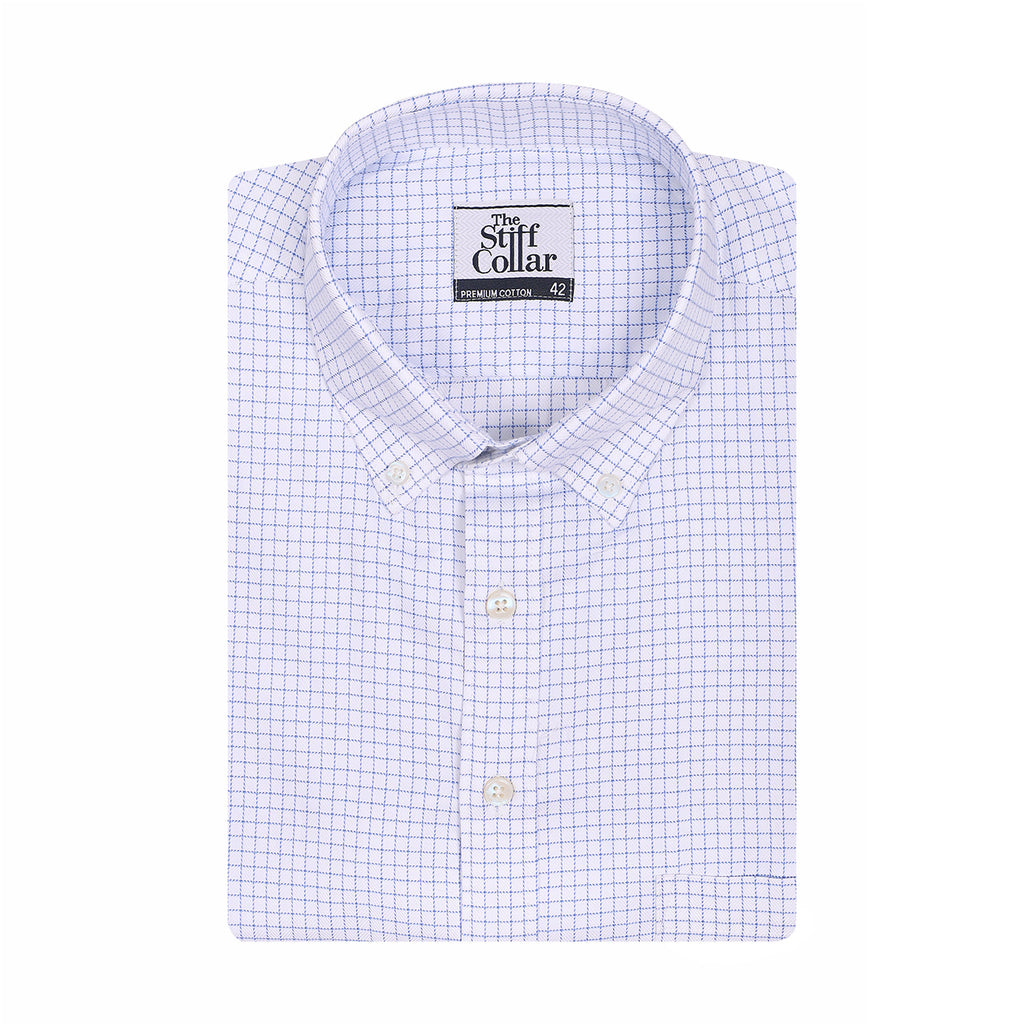 Monti Gulmarg White Herringbone Checks Button Down 2 Ply Giza Cotton Shirt